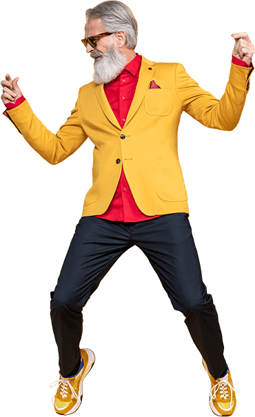 hip elderly man dancing in a bright suit